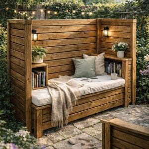 May include: A wooden outdoor reading bench with integrated shelves and lighting. The bench features a white cushion, pillows, and a blanket. Books, plants, and a mug are present. The nook is set within a garden, surrounded by plants.
