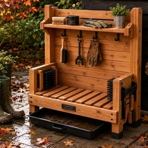 Puede incluir: Una estación de limpieza de botas de madera con un banco de listones, una bandeja inferior de plástico negro y un panel trasero con cuatro ganchos de metal negro. La unidad incluye cepillos laterales, un estante superior con un cepillo, una lata de cera y guantes, y una placa de metal con la inscripción CLEAN BOOTS CLEAN GARDEN.