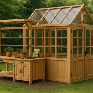 May include: A wooden potting bench and greenhouse. The structure is made of light-coloured wood and features a sloped glass roof, multiple shelves, and a potting table with a cabinet. Potted plants and gardening supplies are visible.