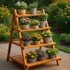 May include: A wooden plant stand with four tiers, filled with potted plants. The plants include white, pink, yellow, orange, and purple flowers, and green herbs. The stand is made of light brown wood and is set on a stone patio.