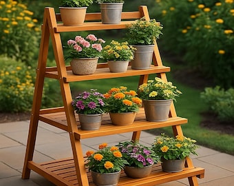 Houten plantenstandaard met 4 verdiepingen | Bloemenplank buitentuin | DIY-houtbewerkingsplan
