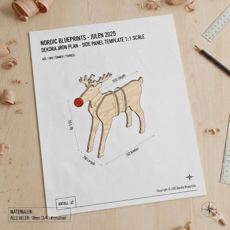 May include: A blueprint for a wooden reindeer decoration. The design includes dimensions: 68 inches high, 27.5 inches long, and 5.9 inches wide. The reindeer has a red nose and is made of 3/4 inch plywood.