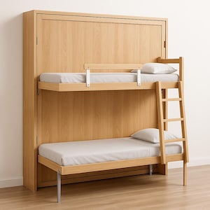 May include: A wooden bunk bed with a light-colored finish. The bed has two levels, each with a mattress and pillow. A ladder provides access to the top bunk. The bed is set against a matching wooden wall panel.
