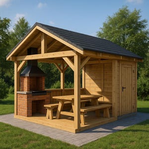 Gör-det-själv-plan för flerbruksträdgårdspaviljong | Grillskydd + Matplats + Förvaringsbod | Träplan för utomhusbruk