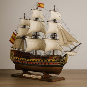 Pode incluir: Modelo de madeira detalhado do navio espanhol Santísima Trinidad, com vários mastros e velas brancas e bandeiras espanholas. O casco é pintado de vermelho, amarelo e preto, montado numa base de madeira.