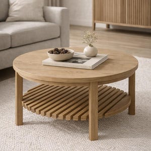 May include: A round, light oak coffee table with a slatted lower shelf. The table has a bowl of pinecones, a small vase with flowers, and a book on top. The table sits on a white rug.