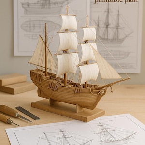 Drewniany model statku Plan – Skala 1:50 DIY PDF Plan – Wydrukowany żaglowiec z wymiarami ramy