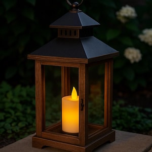 May include: A wooden lantern with a black top and a handle. The lantern contains a lit, battery-operated candle. The lantern is on a stone surface, with greenery in the background.