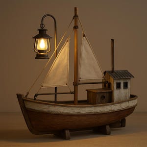 Puede incluir: Lámpara decorativa de madera con forma de velero. El casco es marrón con una franja blanca, las velas son color crema y hay una pequeña cabina. Una linterna negra colgante emite una luz cálida, creando un ambiente marinero.