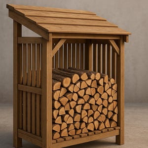 May include: A wooden log store with a sloped roof, filled with cut logs. The natural wood grain is visible. The structure is light brown, suitable for outdoor use. The dimensions are approximately 100cm x 100cm x 100cm.