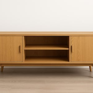 May include: A light brown wooden media unit with two doors and an open shelf in the middle. The doors have simple, vertical handles. The unit sits on four angled legs, and is made of wood.