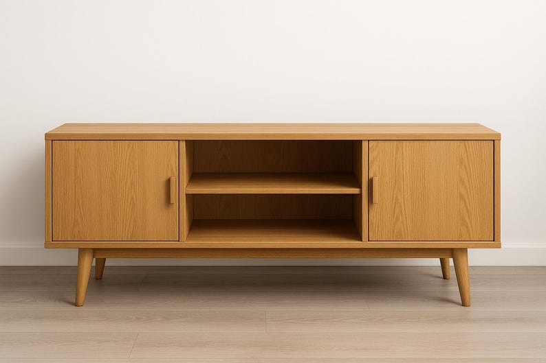 Peut inclure: Un meuble TV en bois brun clair avec deux portes et une &eacute;tag&egrave;re ouverte au milieu. Les portes ont des poign&eacute;es verticales simples. Le meuble repose sur quatre pieds inclin&eacute;s et est en bois.