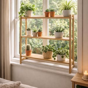Può includere: Una mensola in legno a tre livelli, piena di varie piante in vaso. Le piante includono succulente, verdure a foglia verde e un cactus. La mensola è posizionata davanti a una finestra, creando un'esposizione luminosa e ariosa.