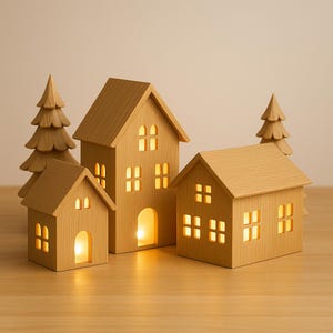 Op de afbeelding: Een verzameling houten kaarsenhouders in de vorm van huizen met verlichte ramen en deuren. De huizen zijn verschillend van grootte en staan op een houten oppervlak, met twee houten boomfiguren op de achtergrond.
