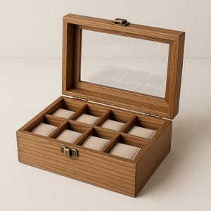 May include: Open wooden watch box with a clear glass top and eight beige padded compartments. The box has a rectangular shape with a hinged lid and a metal clasp. The wood grain is visible, giving it a natural look.