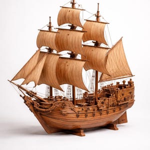 Peut inclure: Maquette en bois détaillée d'un voilier avec plusieurs mâts et voiles. Le navire est fabriqué en bois brun clair, avec des sculptures et un gréement complexes. Les voiles sont d'une teinte plus claire, créant un contraste. Le modèle repose sur une base en bois.