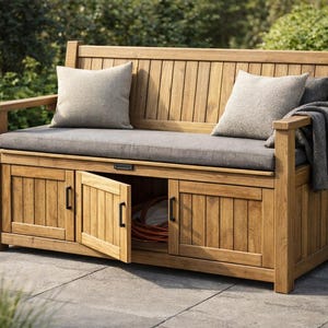 May include: A wooden outdoor storage bench with a slatted back and two armrests. It has a gray cushion and two matching pillows. The bench has a storage compartment with two doors and a blanket draped over the arm.