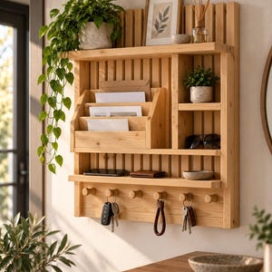 May include: A wall-mounted light wood organiser featuring a slatted back panel, a multi-tiered mail sorter, two open shelves for small decor, and six pegs for hanging keys. The unit holds a potted trailing plant, a framed print, and accessories.