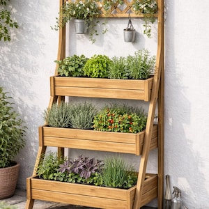 May include: A wooden tiered plant stand with three rectangular planters filled with various herbs and plants. The stand has a trellis top with hanging metal planters. The structure is made of light brown wood and is set against a white wall.