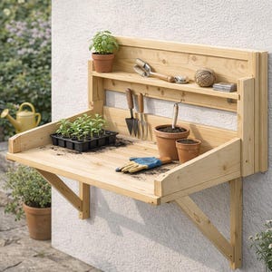 May include: A light-colored wooden potting bench attached to a white wall. It features a shelf, a work surface, and a lower shelf. Various gardening tools, pots, and plants are arranged on the bench, including a pair of blue and tan gloves.