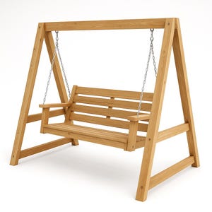 Könnte beinhalten: Eine Holzschaukel mit hellbraunem Finish. Die Schaukel hat eine Sitzfläche und Rückenlehne mit Lamellen und Armlehnen. Sie ist an Metallketten an einem Holz-A-Rahmen aufgehängt. Abmessungen: ca. 150 cm breit.