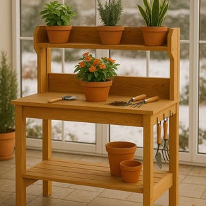 Può includere: Un banco da giardinaggio in legno con un ripiano superiore che contiene tre piante in vaso. Il banco ha un ripiano inferiore con due vasi in terracotta. Gli attrezzi da giardinaggio sono appesi di lato. Il banco è in legno chiaro.