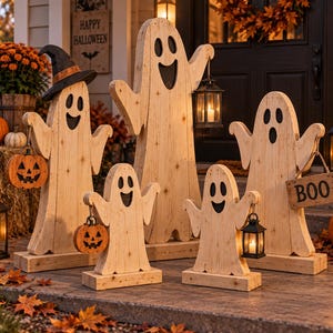May include: A set of five light-coloured wooden ghost decorations standing on rectangular bases. The ghosts feature black painted eyes and mouths. Accessories include two orange jack-o'-lanterns, two black lanterns with lit candles, and a wooden sign reading BOO.