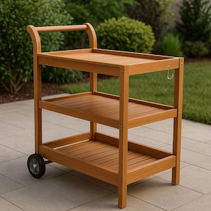 Può includere: Un carrello di servizio in legno a tre livelli con manico e due ruote. Il carrello ha una finitura in legno naturale e ripiani a doghe. Un gancio di metallo è attaccato al lato. Progettato per esterni, misura circa 91 cm di altezza.