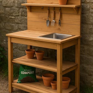 May include: Wooden potting bench with a stainless steel sink, shelves, and hanging garden tools. The bench has a natural wood finish and is surrounded by terracotta pots and a bag of compost. A small potted plant sits on the top shelf.