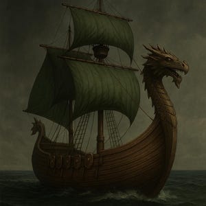 May include: A wooden Viking ship with a dragon head carving at the bow sails on a dark sea under a cloudy sky. The ship has green sails and a small flag. The artwork evokes a sense of adventure and historical fantasy.