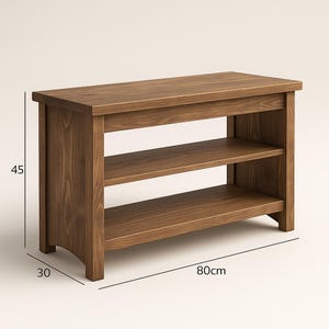 May include: A wooden bench with three shelves, stained in a warm brown color. The bench is 31.5 inches long, 17.7 inches high, and 11.8 inches deep. The design features a simple, rectangular top and sturdy side supports, suitable for storage or seating.