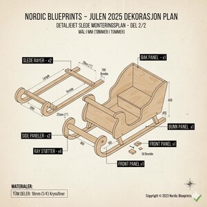 May include: Detailed wooden sleigh assembly plan with measurements in millimeters and inches. The blueprint includes labeled parts such as side panels, front panels, and runners. The text reads "NORDIC BLUEPRINTS - JULEN 2025 DEKORASJON PLAN".