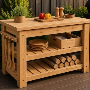 Peut inclure: Îlot de cuisine extérieur en bois clair avec étagères à lattes et une étagère inférieure pour le bois de chauffage. Le dessus contient une planche à découper, des légumes et une petite plante en pot. Des ustensiles sont suspendus sur le côté.