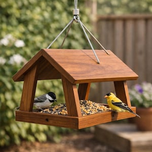 Puede incluir: Un comedero para pájaros de madera con techo inclinado, suspendido por cables metálicos. Dos pájaros, un carbonero y un jilguero amarillo, están dentro, alimentándose de semillas. El comedero está lleno de alpiste.