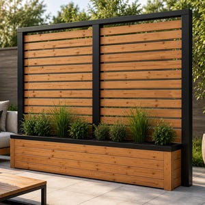 May include: A wooden privacy screen with a built-in planter box. The screen features horizontal wooden slats framed by black metal supports. The planter box is filled with green plants, creating a natural and stylish outdoor space.