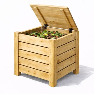 Könnte beinhalten: Ein offener Komposteimer aus hellem Holz mit Scharnierdeckel. Der Eimer besteht aus hellfarbenem Holz mit horizontalen Lamellen. Im Inneren befinden sich Kompostmaterialien, darunter Blätter und Essensreste. Für den Außenbereich konzipiert.