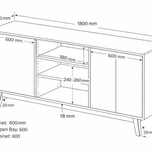 Op de afbeelding: Technische tekening van een kast met afmetingen in mm. De kast is 1800 mm lang, 800 mm hoog en 420 mm diep. Het heeft twee deuren en een open middengedeelte met planken.