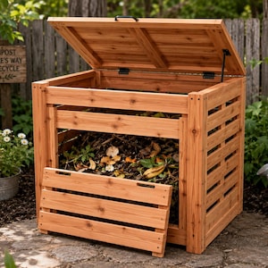 May include: A rectangular wooden compost bin with a slatted design, featuring a hinged lid and a removable front panel. The interior is filled with organic matter, including leaves and plant debris, contained within the natural brown wood structure.