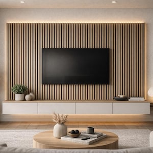 以下が含まれることがあります： 木製のスラット壁に設置された大きな黒いテレビがあるモダンなリビングルーム。テレビの下には引き出し付きの白いキャビネットがあります。部屋は植物、花瓶、丸いコーヒーテーブルで飾られています。全体的な配色と照明は暖色系のニュートラルカラーです。