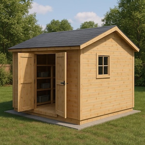 Puede incluir: Un cobertizo de almacenamiento de madera con un techo gris oscuro y revestimiento marrón claro. El cobertizo tiene dos puertas abiertas que revelan estantes y contenedores de almacenamiento. Una pequeña ventana es visible en el lateral. El cobertizo está sobre una base de hormigón y rodeado de hierba verde.