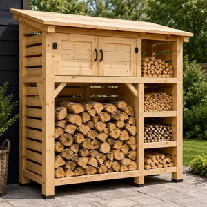 Può includere: Un capanno da esterno in legno color marrone chiaro con tetto spiovente, un armadietto centrale a due ante con maniglie nere e scaffali aperti sul lato destro. La struttura include un ampio scomparto inferiore riempito di legna da ardere.