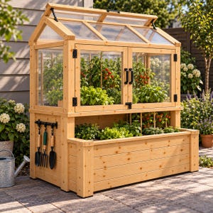 Op de afbeelding: Een houten kas met een verhoogde plantenbak, voorzien van een scharnierend dak en dubbele deuren met zwarte handgrepen. De structuur heeft een zijrek met drie zwarte tuingereedschappen. Binnenin groeien groene planten en rode tomaten.