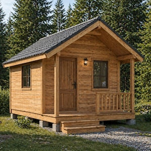 May include: A small, wooden cabin with a dark gray shingled roof. The cabin has a front porch with a railing and steps. The walls are made of light brown wood. The cabin is surrounded by green trees and grass.