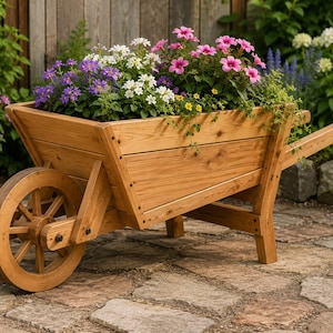 Peut inclure: Une brouette jardinière en bois avec une finition brun clair naturel, une roue à rayons unique et deux longs manches. Le bac est rempli d'un arrangement vibrant de fleurs violettes, blanches et roses avec un feuillage vert.