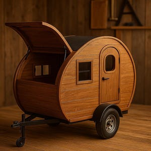 Könnte beinhalten: Ein Miniatur-Holz-Teardrop-Camper mit offenem Dach, kleinen Fenstern und einer Tür. Der Camper ist braun mit schwarzen Akzenten, einschließlich der Räder und der Anhängerkupplung. Der Innenraum ist sichtbar.