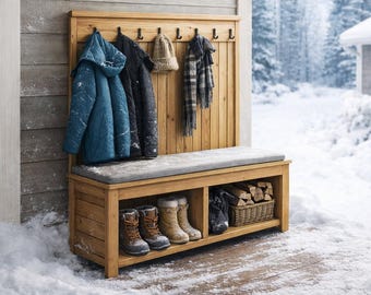 Planos para banco de vestíbulo de invierno: banco de madera para entrada con espacio de almacenamiento (DIY) - Plano de carpintería en PDF