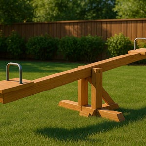 May include: A wooden seesaw with metal handles on a green lawn. The seesaw is constructed from light brown wood and has a simple design. The background features a wooden fence and green bushes.