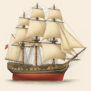 May include: A detailed illustration of a sailing ship with multiple masts and sails. The ship features a red hull, brown masts, and cream-colored sails. A small red flag with a white emblem is visible. The image has a vintage, nautical style.