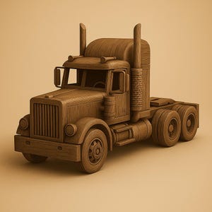 Op de afbeelding: Een gedetailleerd houten speelgoed vrachtwagen met een bruine afwerking. De vrachtwagen heeft een cabine, een trekhaak en dubbele achterwielen. Het ontwerp omvat een grille, koplampen en uitlaatpijpen. Het speelgoed staat tegen een neutrale achtergrond.