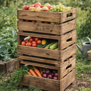 Peut inclure: Quatre caisses en bois empilées, remplies de fruits et légumes frais. La caisse supérieure contient des pommes et des raisins verts. La deuxième caisse contient des tomates, des citrons et des concombres. La troisième caisse contient des carottes et des oignons rouges.